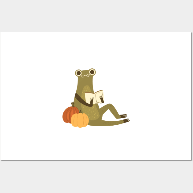 Cute frog reading a book Pumpkin version Wall Art by mikhaleeevich